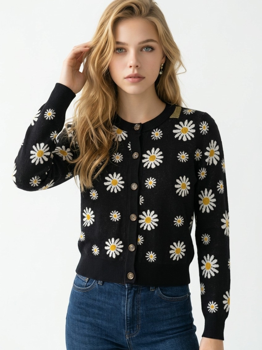 La Belle Black Daisy-Print Button Cardigan with White and Yellow Flowers